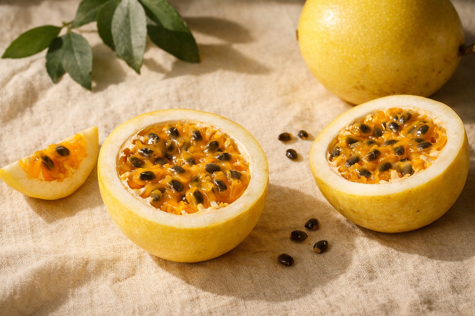 Halved yellow passion fruit showing vivid orange pulp and dark seeds, arranged on a warm cream surface with soft natural light